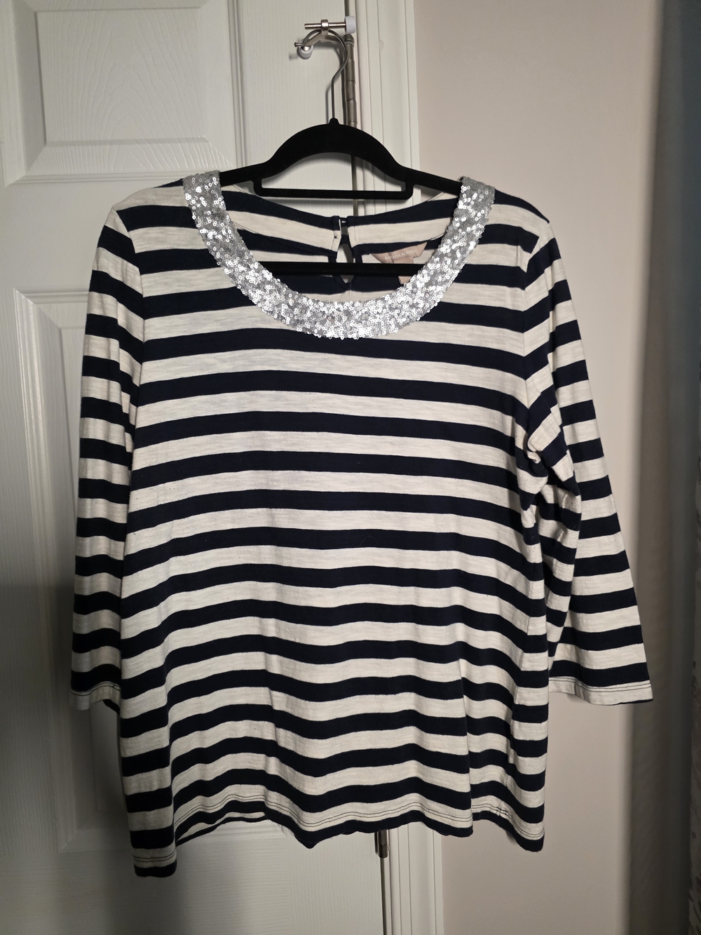 Banana Republic Navy & White Striped Top with Silver Sequin Collar